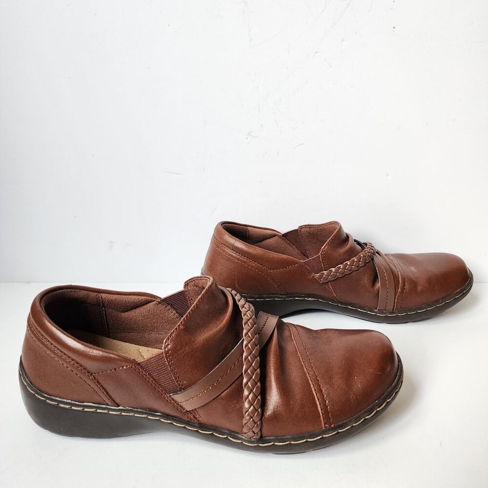 Clarks Collection Leather Slip On Shoes Womens Size 9M Cora Braid Loafer Brown